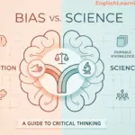 A clean, minimalist split-brain illustration. The left side is light orange with the word "INTUITION" and a fast-thinking icon. The right side is light blue with the word "SCIENCE," a microscope icon, and the phrase "DURABLE KNOWLEDGE." A scale of justice sits in the center of the brain.