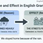 A clean diagram showing the relationship between cause and effect in English grammar using the example of heavy rain leading to flooded streets with common connectors like because, since, so, and therefore.