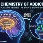 A scientific diagram of the human brain's limbic system and a synapse showing dopamine neurotransmitters binding to receptors.