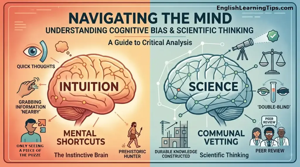 A split-screen infographic comparing "Intuition" and "Science." The left side shows a warm-toned brain representing mental shortcuts and prehistoric survival instincts. The right side shows a cool-toned brain representing scientific thinking, communal vetting, peer review, and double-blind studies.