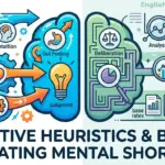 A split illustration of a human brain showing the difference between intuitive gut-feeling shortcuts and deliberate analytical reasoning for a cognitive heuristics lesson.