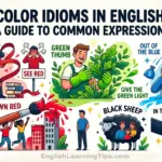An educational infographic illustrating common English color idioms including red tape, see red, green thumb, out of the blue, and black sheep with colorful cartoon characters.