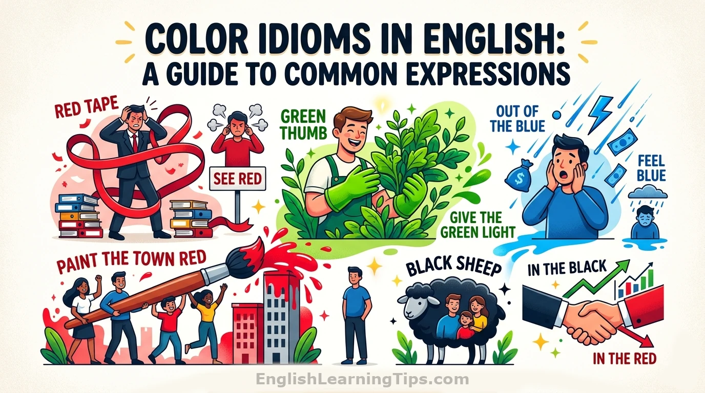 An educational infographic illustrating common English color idioms including red tape, see red, green thumb, out of the blue, and black sheep with colorful cartoon characters.