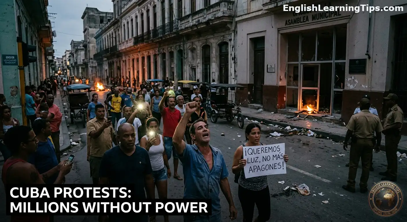 A crowd of people protesting on a dark Cuban street at night with flashlights and a sign that reads "¡Queremos luz, no más apagones!" near a damaged building.