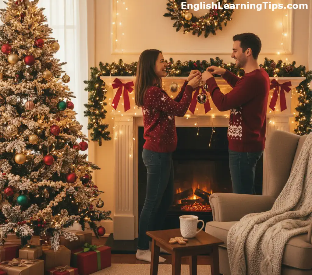 A happy couple decorating a Christmas tree and fireplace mantel with ornaments and twinkling lights.