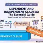 An educational infographic comparing independent and dependent clauses with a blue block that stands alone and an orange block that leans on it for support.