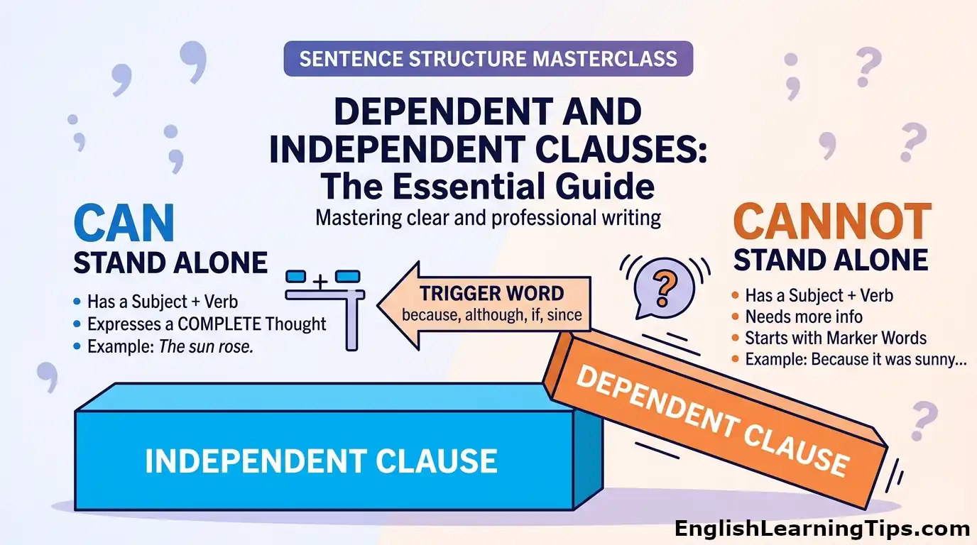 An educational infographic comparing independent and dependent clauses with a blue block that stands alone and an orange block that leans on it for support.