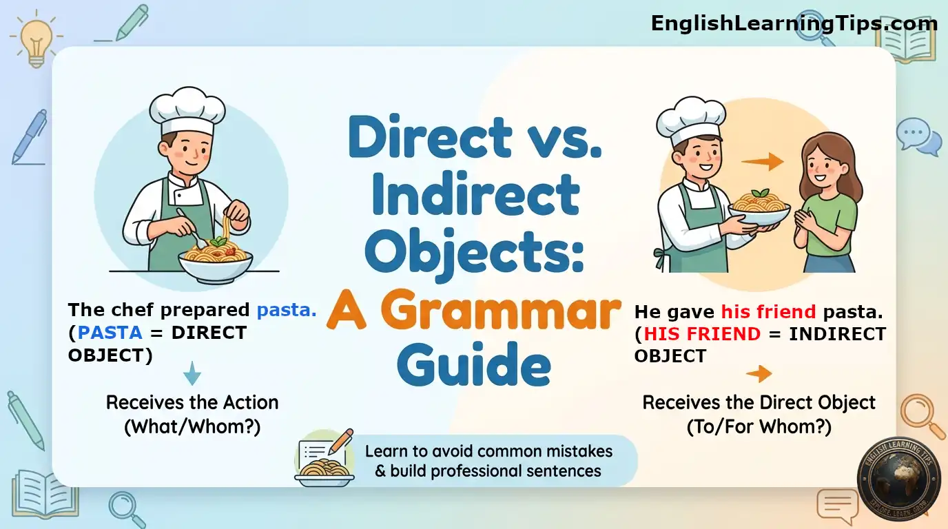 An infographic comparing direct and indirect objects using a chef example. It shows a chef preparing pasta (direct object) and a chef giving a friend a gift (indirect object).