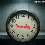 A close-up of a symbolic clock without hands against a stark, concrete background for an English lesson on global risks.