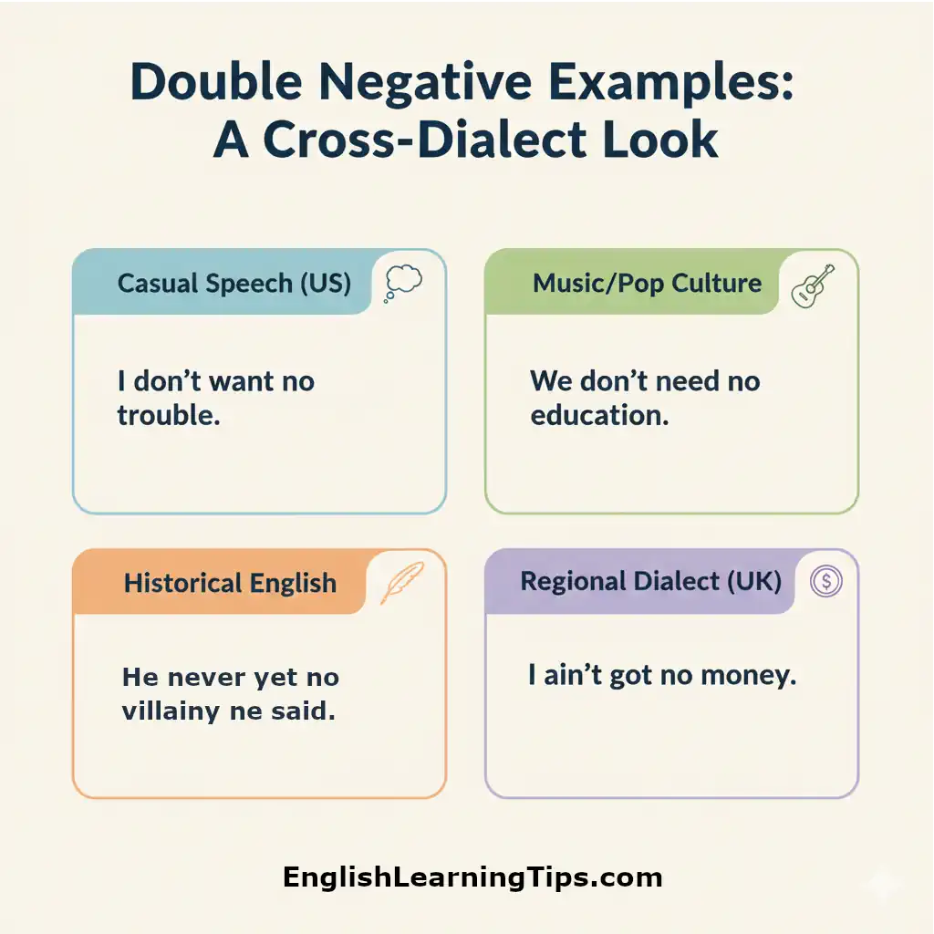 A comparative infographic displaying four examples of double negative usage across different contexts, including casual US speech, pop culture music lyrics, historical English by Chaucer, and UK regional dialects.