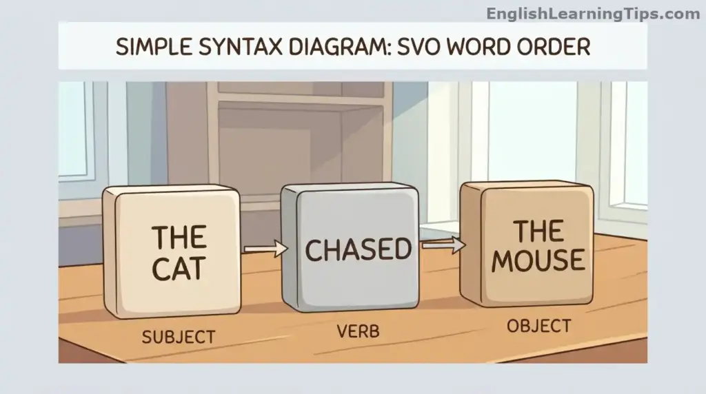 A cartoonized diagram showing three blocks labeled "The cat" (Subject), "Chased" (Verb), and "The mouse" (Object) to illustrate basic English syntax rules.