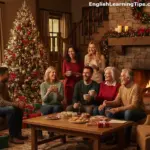 A diverse group of friends and family celebrating the holiday season together in a cozy winter setting.