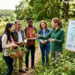 An outdoor ESL lesson where a diverse group of students identifies wild plants in a forest with an instructor and a whiteboard showing the rule if in doubt leave it out.