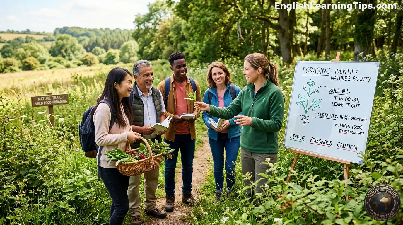 An outdoor ESL lesson where a diverse group of students identifies wild plants in a forest with an instructor and a whiteboard showing the rule if in doubt leave it out.