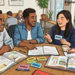 A cartoon illustration of a diverse group of friends smiling and studying fun English vocabulary words like buddy and cheers in a cafe.