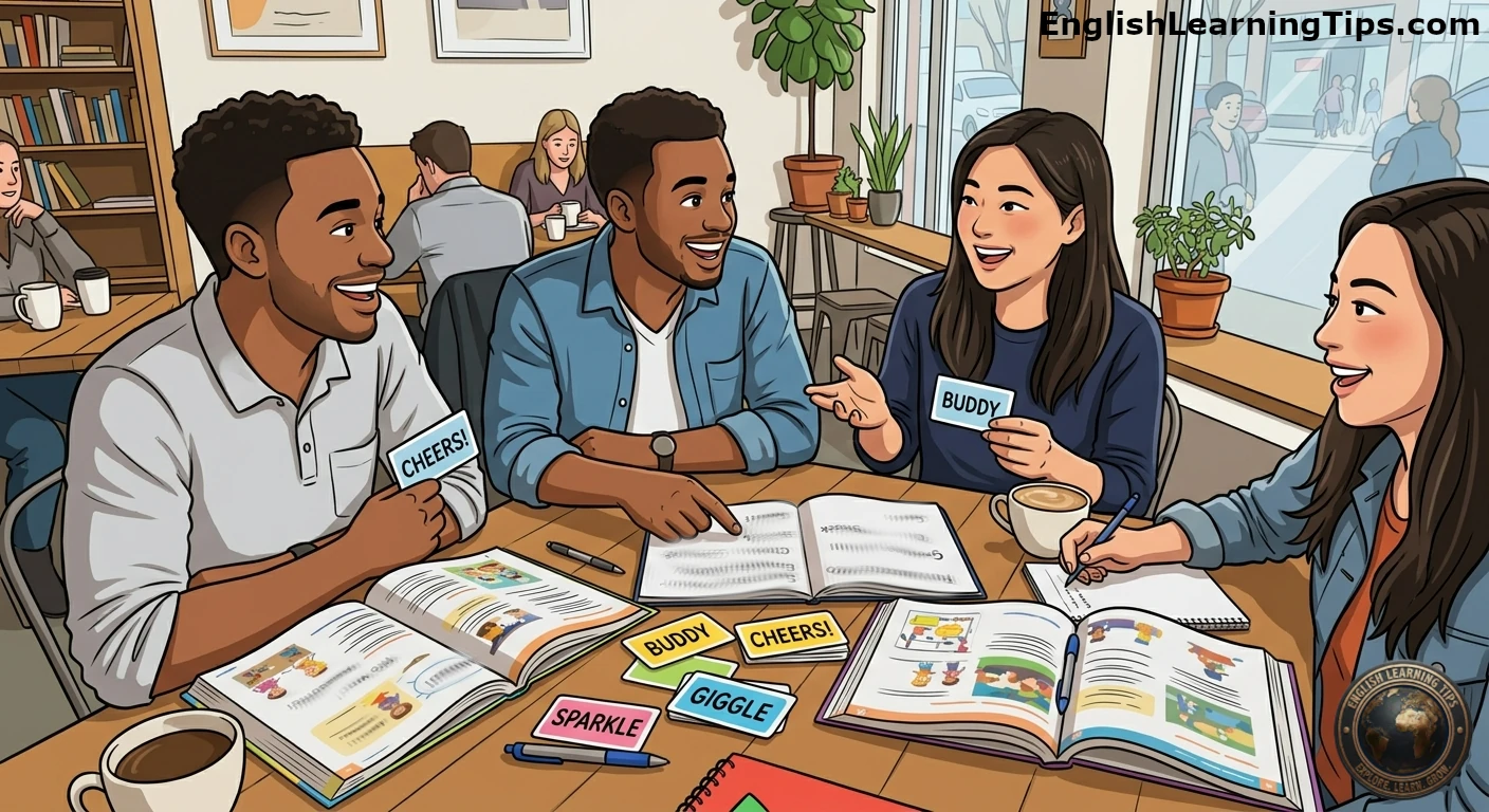 A cartoon illustration of a diverse group of friends smiling and studying fun English vocabulary words like buddy and cheers in a cafe.