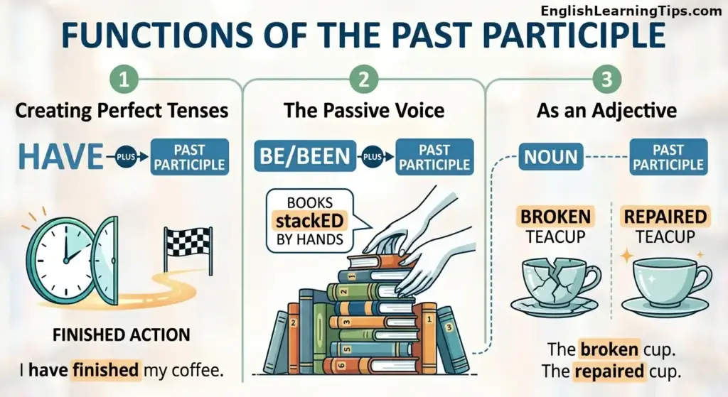Diagram explaining the three main functions of the past participle: perfect tenses, passive voice, and as an adjective with examples like 'broken cup'.