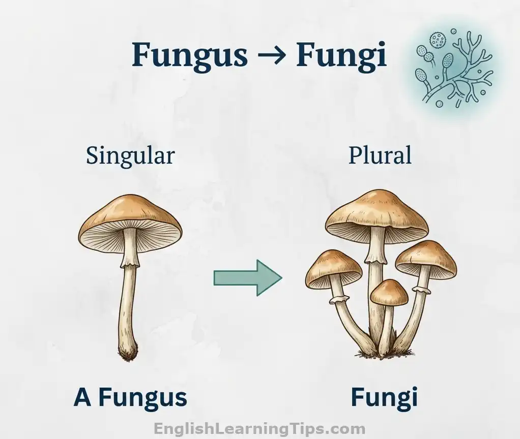 A side-by-side comparison showing a single mushroom labeled "A Fungus" and a cluster of mushrooms labeled "Fungi" to illustrate irregular plural endings.