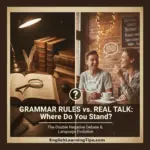 A split-screen image showing a collection of vintage grammar books on the left and two people having a casual conversation in a café on the right, representing the debate between strict grammar rules and linguistic evolution.