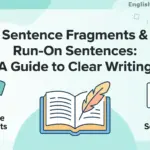 A simple illustrative guide graphic showing 'Sentence Fragments' (broken puzzle pieces) and 'Run-On Sentences' (overlapping text) under the title 'A Guide to Clear Writing'.