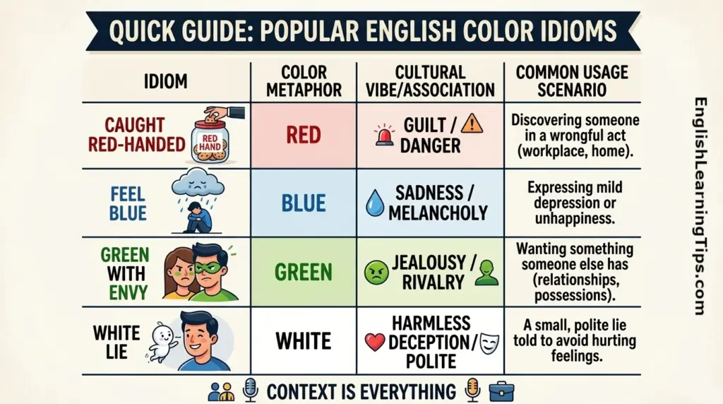 An infographic chart providing a quick guide to popular English color idioms. The chart features columns for 'Idiom', 'Color Metaphor', 'Cultural Vibe/Association', and 'Common Usage Scenario', with illustrations for 'Caught Red-Handed', 'Feel Blue', 'Green with Envy', and 'White Lie'.