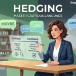 A cartoon woman in a business suit points to a graphic showing different language choices for communication, with "cautious" on the left including suggestions, likely, might, and possible, and "confident" on the right including proves, definitely, always, and demonstrates. A scale on the cautious side shows more choices.