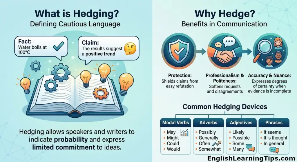 An infographic explaining hedging in English grammar, showing the difference between facts and cautious claims with a table of modal verbs, adverbs, and adjectives.