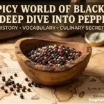 A wooden bowl of black, white, and red peppercorns sitting on a vintage world map with a brass pepper grinder and old books.