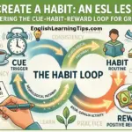 Infographic of the habit loop showing the cycle of cue, habit, and reward with illustrations of an alarm clock, reading a book, and a healthy breakfast for an ESL lesson plan.