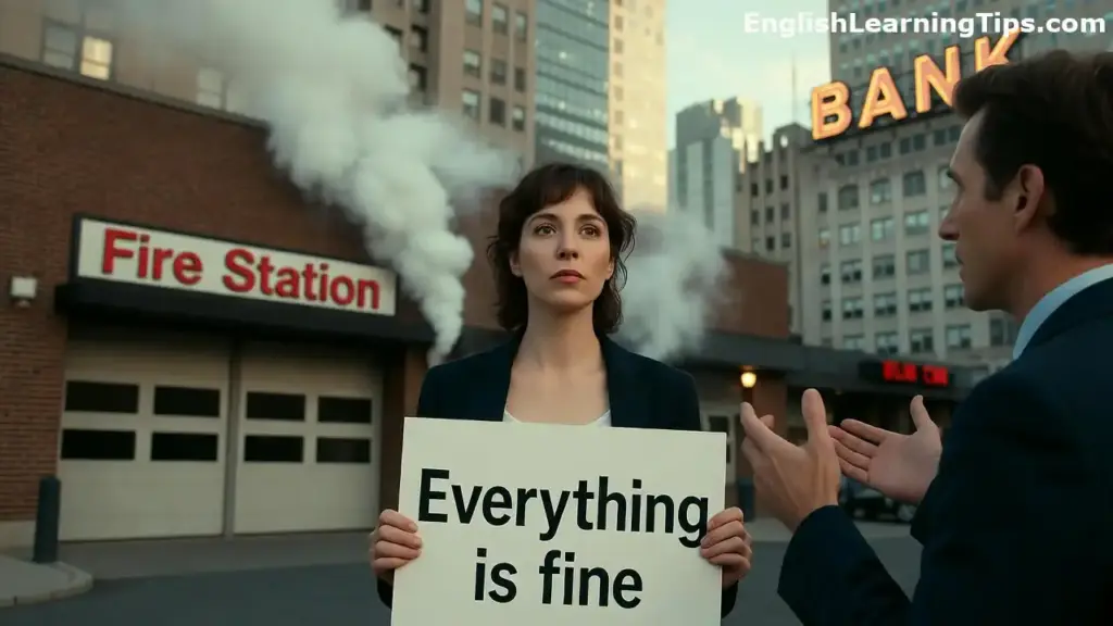 A woman holding a sign that says "Everything is fine" while standing in front of a smoking fire station.