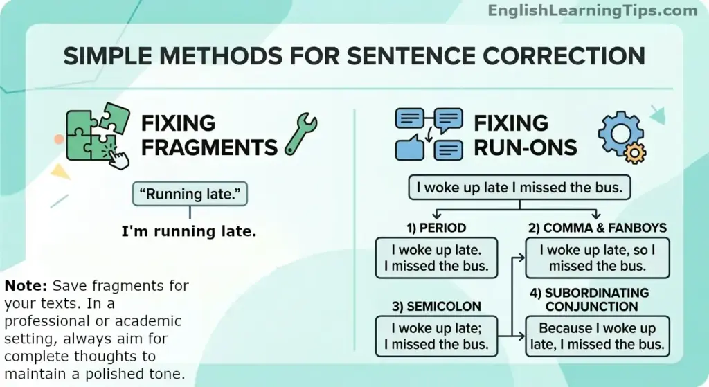 A side-by-side instructional graphic. The left side shows "Fixing Fragments" with a puzzle icon and an arrow adding a subject to "Running late." The right side shows "Fixing Run-ons" with a flowchart illustrating four ways to fix a fused sentence using a period, comma with FANBOYS, semicolon, and subordinating conjunction.