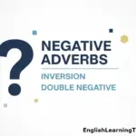 Infographic explaining the usage of negative adverbs, including inversion and avoiding double negatives in English grammar.