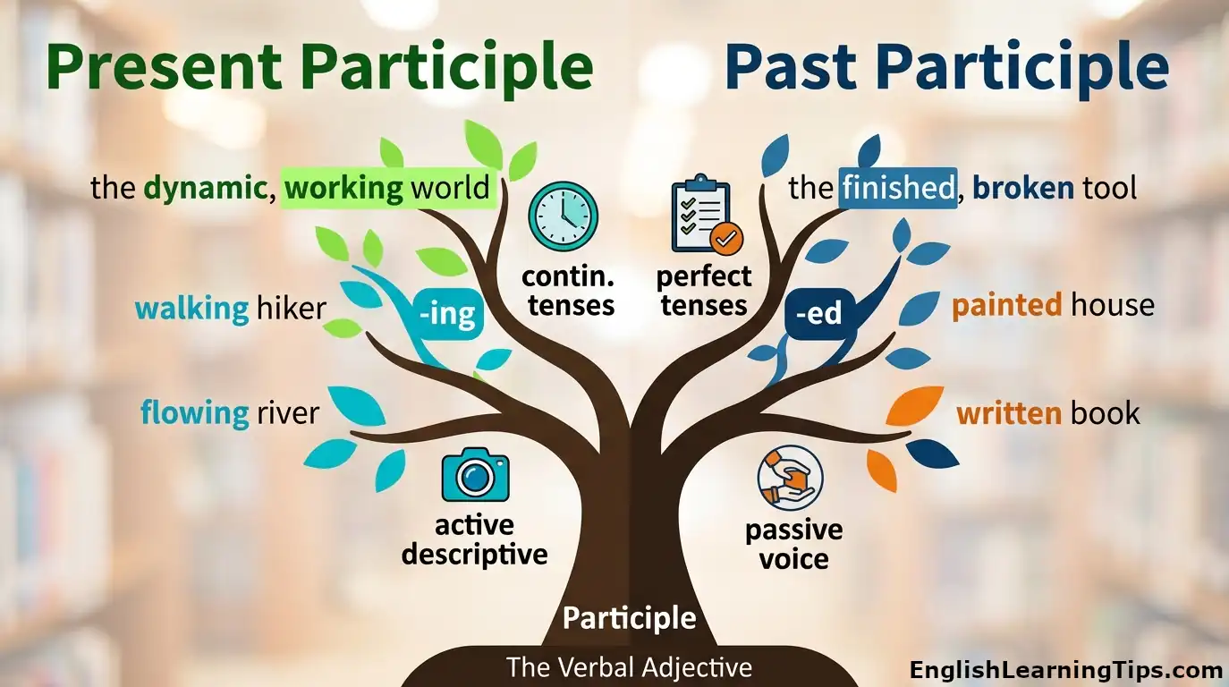 Infographic showing the difference between present participles ending in -ing and past participles used in passive voice and perfect tenses.