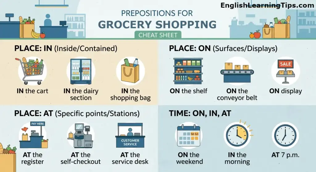 An educational infographic cheat sheet showing prepositions for grocery shopping including place prepositions in, on, at and time prepositions on, in, at with illustrated supermarket examples.