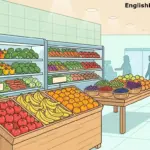 A clean cartoon illustration of a produce section used for learning prepositions for grocery shopping, featuring fruits and vegetables on shelves and in bins.