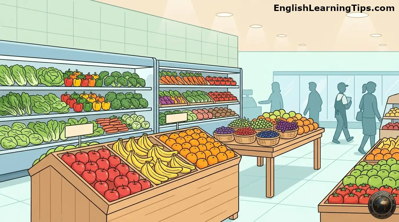 A clean cartoon illustration of a produce section used for learning prepositions for grocery shopping, featuring fruits and vegetables on shelves and in bins.