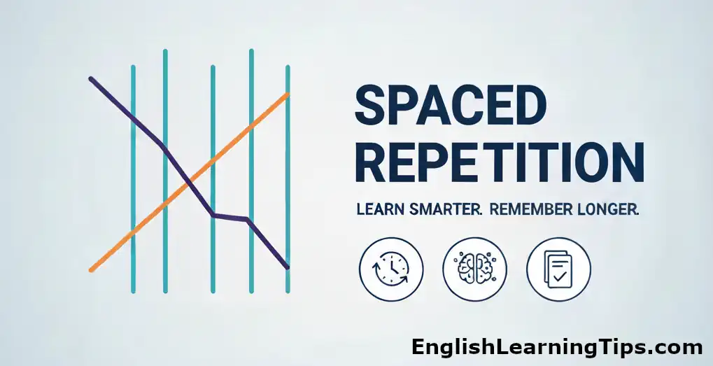Minimalist graphic illustrating spaced repetition with a forgetting curve graph and icons for time, brain, and study notes.