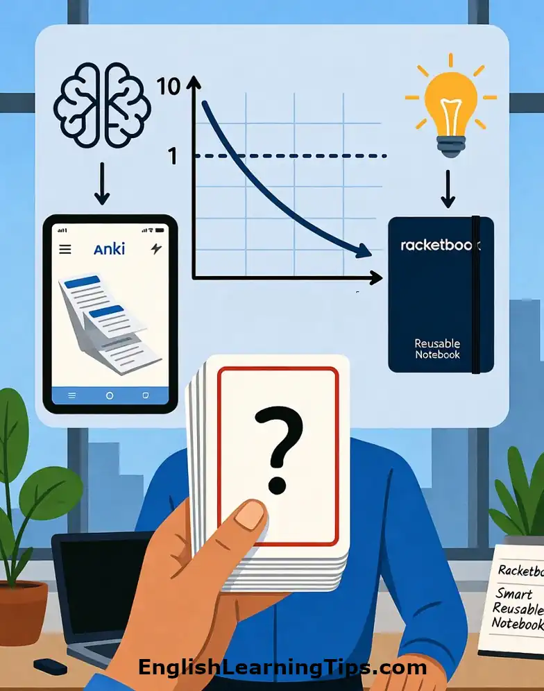 A person holding a stack of study flashcards in front of a background showing a forgetting curve graph, an Anki app interface, and a Rocketbook smart reusable notebook.