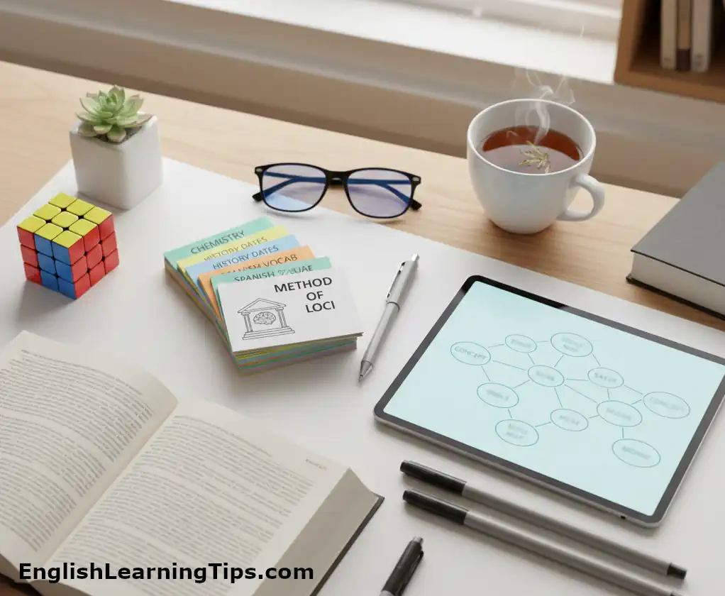 A top-down landscape view of a desk featuring a stack of colorful study notes labeled Method of Loci, an open textbook, a tablet with a concept map, a Rubik's cube, and a cup of tea.