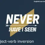 Bold typography displaying the phrase "NEVER HAVE I SEEN" against a navy and gold background, representing subject-verb inversion for emphasis.