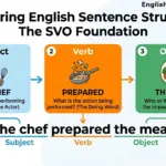 An infographic showing the SVO sentence structure with the example "The chef prepared the meal" broken down into subject, verb, and object. Caption: A visual breakdown of the subject-verb-object (SVO) foundation in English grammar.