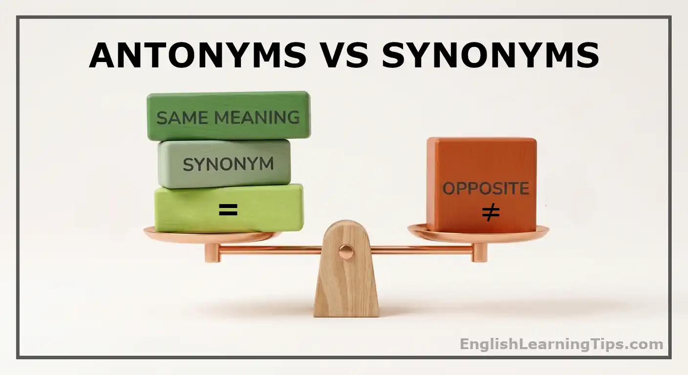 A 3D minimalist graphic of a wooden balance scale. On the left side, green blocks are stacked with the words "Same Meaning," "Synonym," and "Alterative." On the right side, a single orange block is labeled "Opposite."