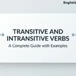 A simple, clean white card on a light gray background featuring the title "TRANSITIVE AND INTRANSITIVE VERBS" with minimal arrow and cycle icons.