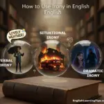 Three glass orbs on a wooden book representing verbal, situational, and dramatic irony.