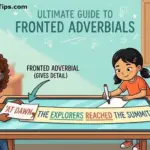 An educational infographic showing students in a classroom learning about fronted adverbials with a sentence example: "At dawn, the explorers reached the summit."