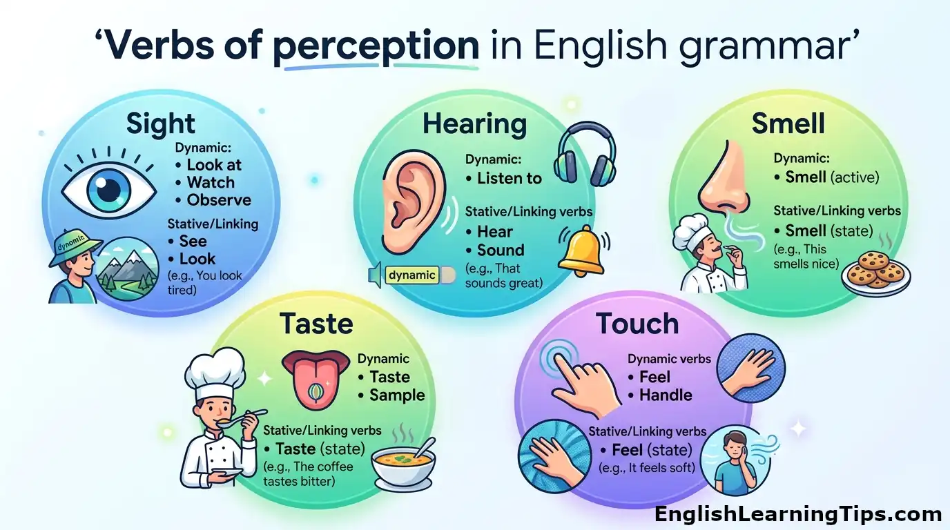 An educational infographic illustrating the five senses (sight, hearing, smell, taste, touch) and their corresponding English verbs of perception, categorized into dynamic and stative/linking verb uses with examples.
