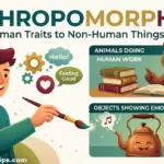 An infographic explaining anthropomorphism showing a man painting, a bear reading books, and a smiling teapot and clock to illustrate human traits in non-human things.