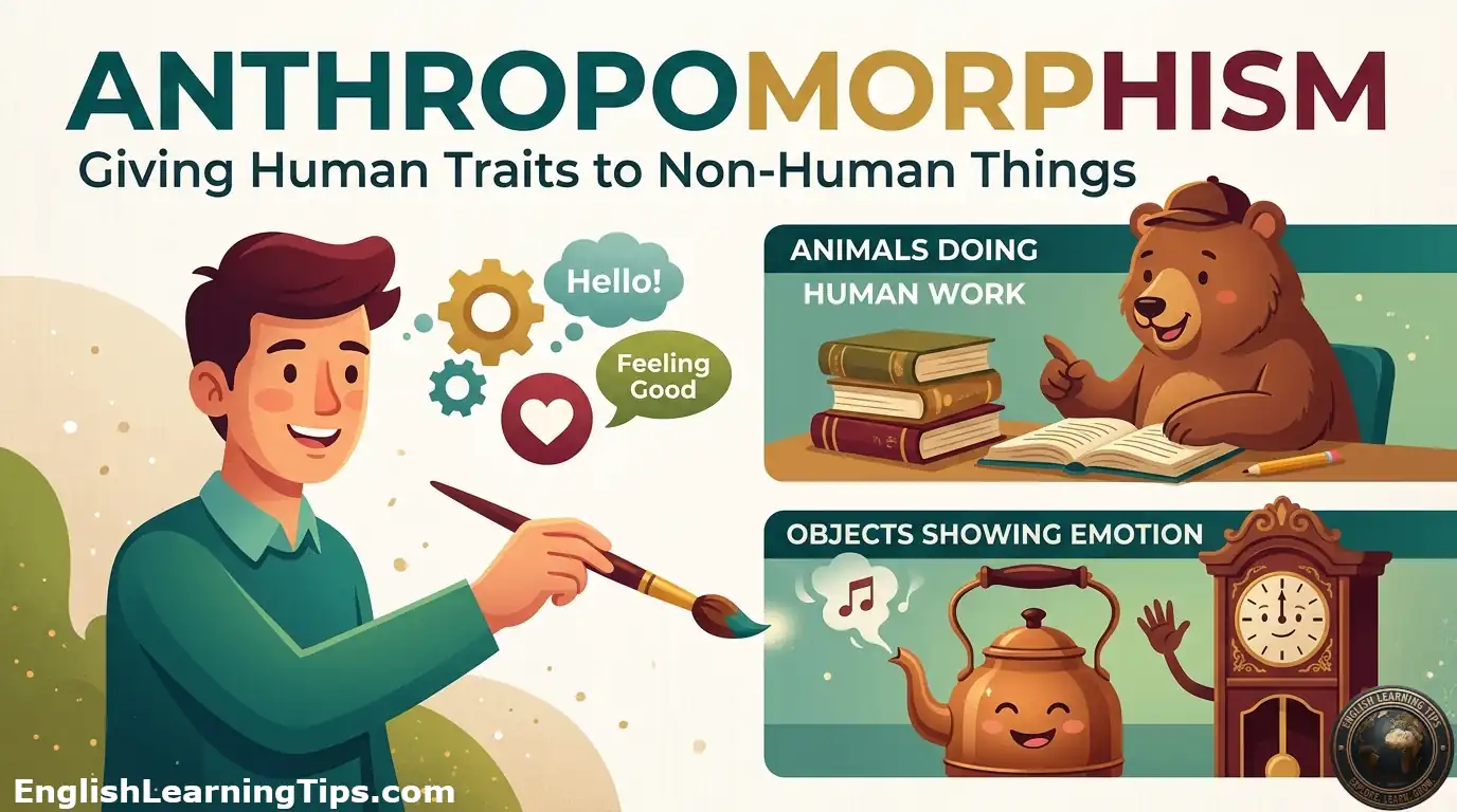 An infographic explaining anthropomorphism showing a man painting, a bear reading books, and a smiling teapot and clock to illustrate human traits in non-human things.