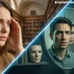 A split-screen conceptual image representing brain recognition glitches, showing a woman in a library for déjà vu and a man looking at a distorted mirror for delusional misidentification.