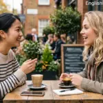 Two women practicing the echoing technique and active listening during a conversation at an outdoor cafe.